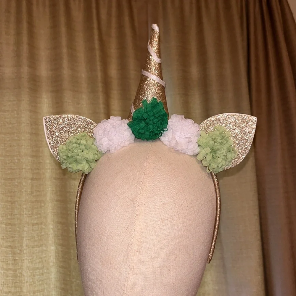 Gold Glitter Unicorn Headband With Green and White Pom Poms